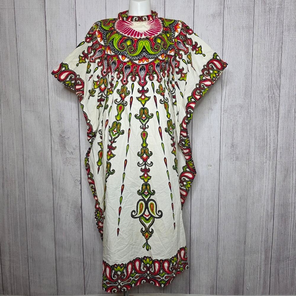 Vintage Tambu Kaftan Maxi Dress Folk Art Dashiki Print Boho Festival, Free Size